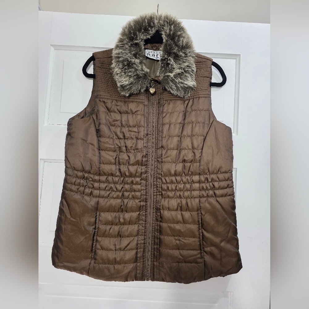Koret Women's Chocolate Quilted Vest with Faux Fur Trim
